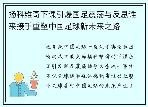 扬科维奇下课引爆国足震荡与反思谁来接手重塑中国足球新未来之路
