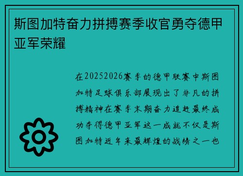 斯图加特奋力拼搏赛季收官勇夺德甲亚军荣耀